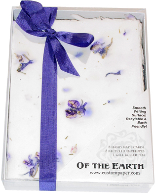 Larkspur petals imbedded in handmade paper note cards